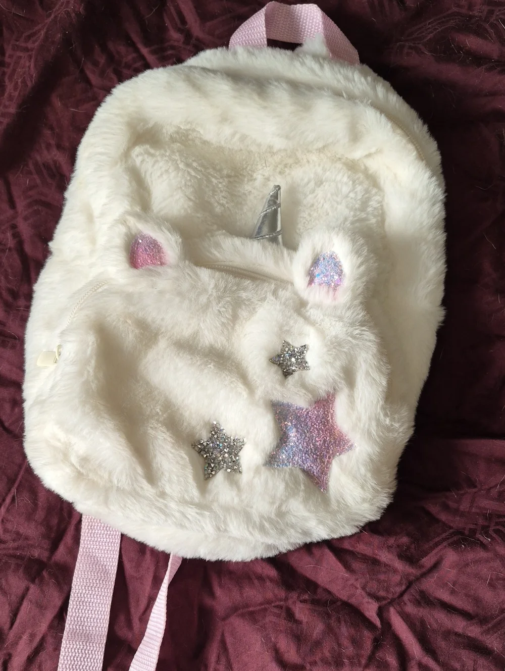 White Plush Unicorn Kids Backpack with Pink Accents and Glitter Stars